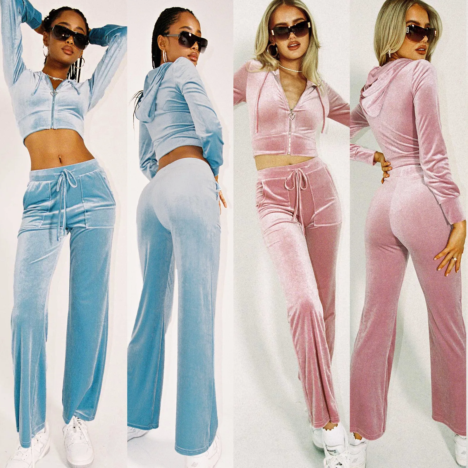 

HOUZHOU 2 Piece Sets Women Outfit Hooded Crop Top Female Pleuche Women's Tracksuit New In Matching Sets Streetwear Zipper Pink