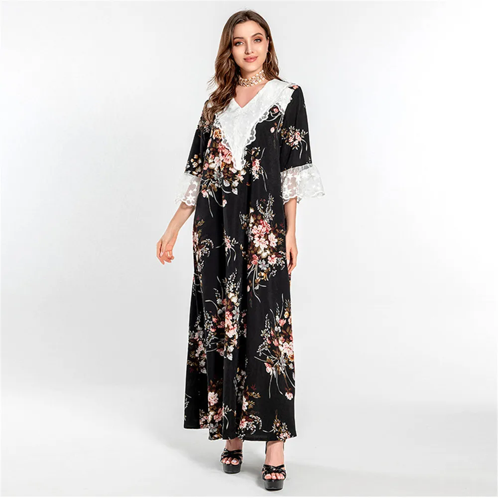 

Abaya Dubai Women Maxi Dress Islamic Clothing Lace Embroidery Middle East Ethnic Muslim Floral Print Vintage Party Gown Fashion