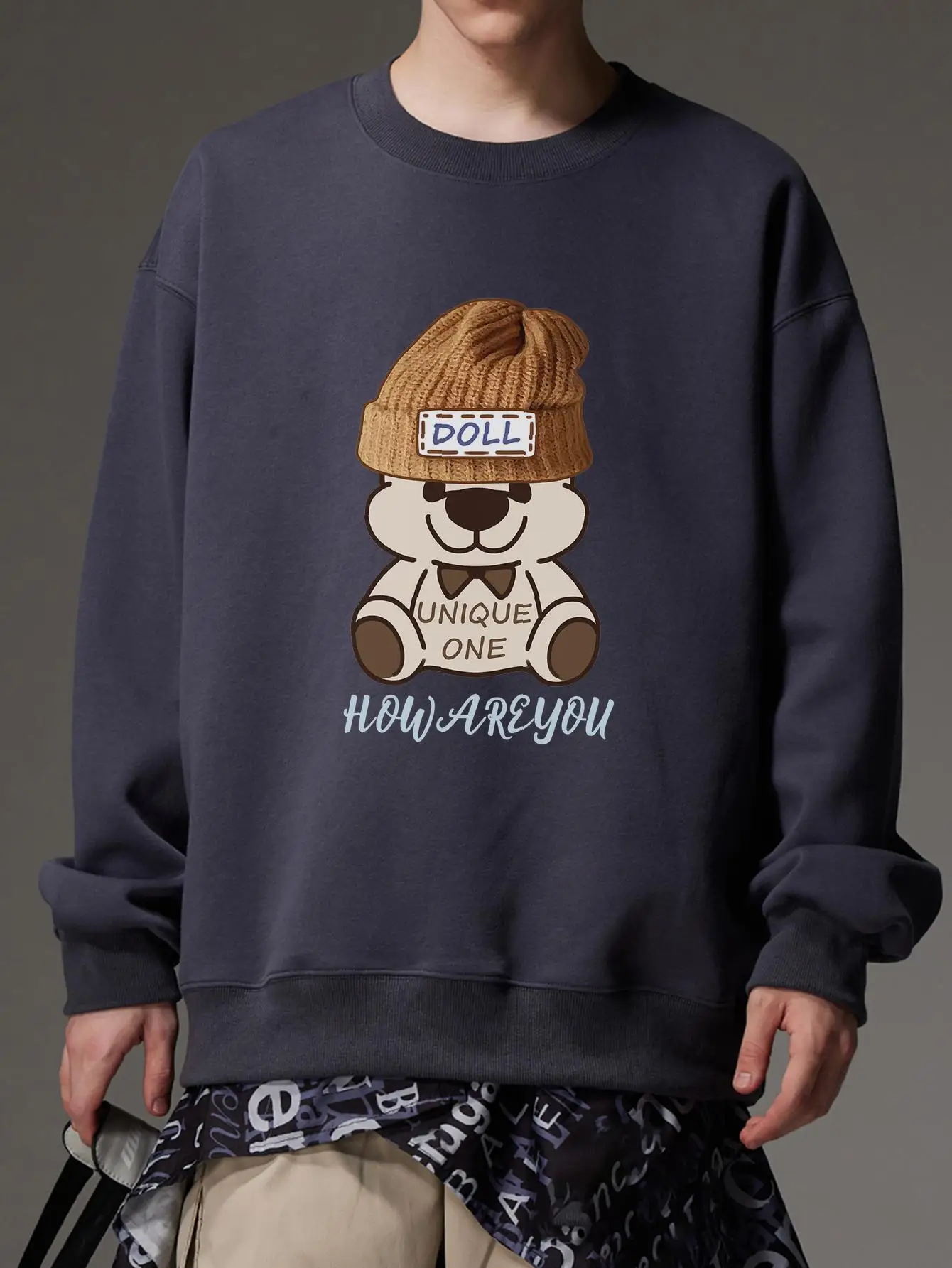Kawaii Doll Bear Print Pullover Mens Sweatshirts Long Sleeve Crew Neck Casual Hoodies Fashion Brand Kpop Y2k Male Streetwear