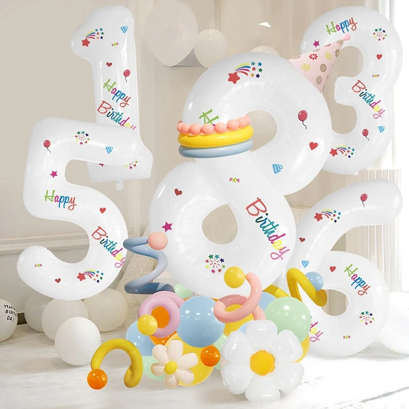 

40inch White Number Balloon Column Set Smile Face Daisy Foil Balloon Happy Birthday Sticker Children's Birthday Party Decoration
