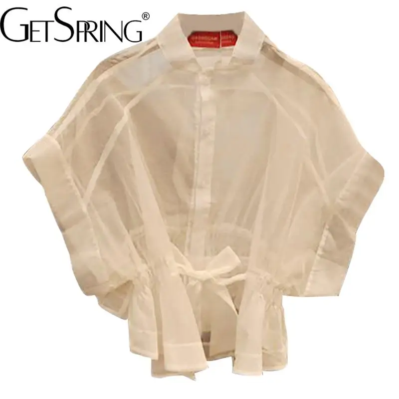 

GetSpring женская рубашка Весна-Лето Фея рукав летучая мышь на шнурке тонкая талия белая черная блузка Модный Универсальный женский топ 2022