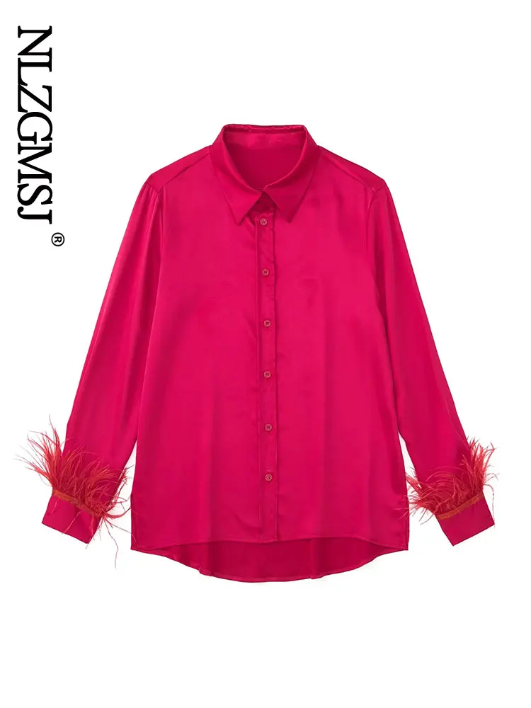 

Nlzgmsj Women Shirts Feather Cuffs Elegant 2022 Satin Button Down Shirt Long Sleeves Chic Loose Turn-down Collar Tops