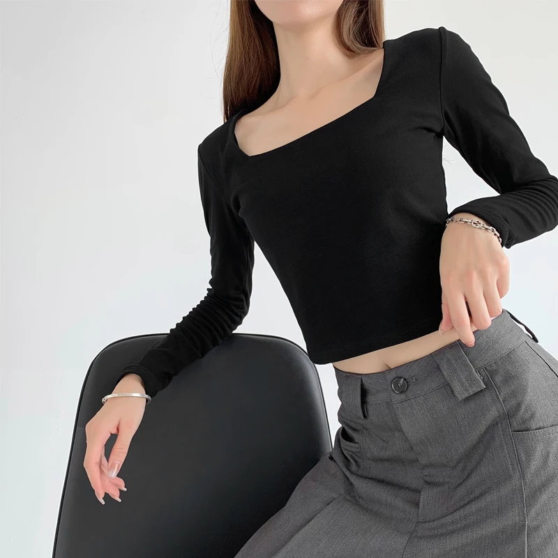 

Кроп-Топ женский базовый с квадратным вырезом, модный однотонный пикантный Повседневный пуловер с длинным рукавом для девочек-подростков, уличная одежда, на осень