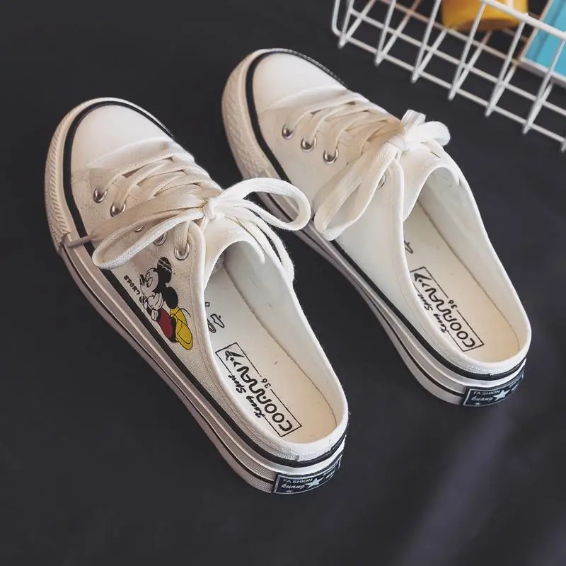 Disney 2022 New Small White Shoes Without Heels Half Slippers Canvas Shoes Women's Mickey Flat Bottomed Versatile Half Support