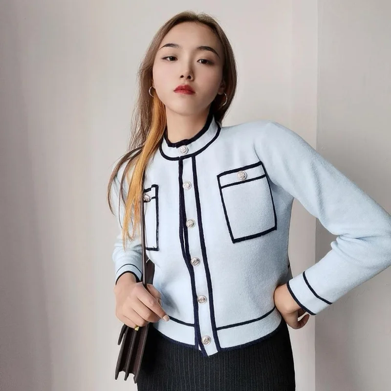 

Knitted cardigan women design sense of temperament contrast color outer wear top foreign long sleeve sweater cardigan female