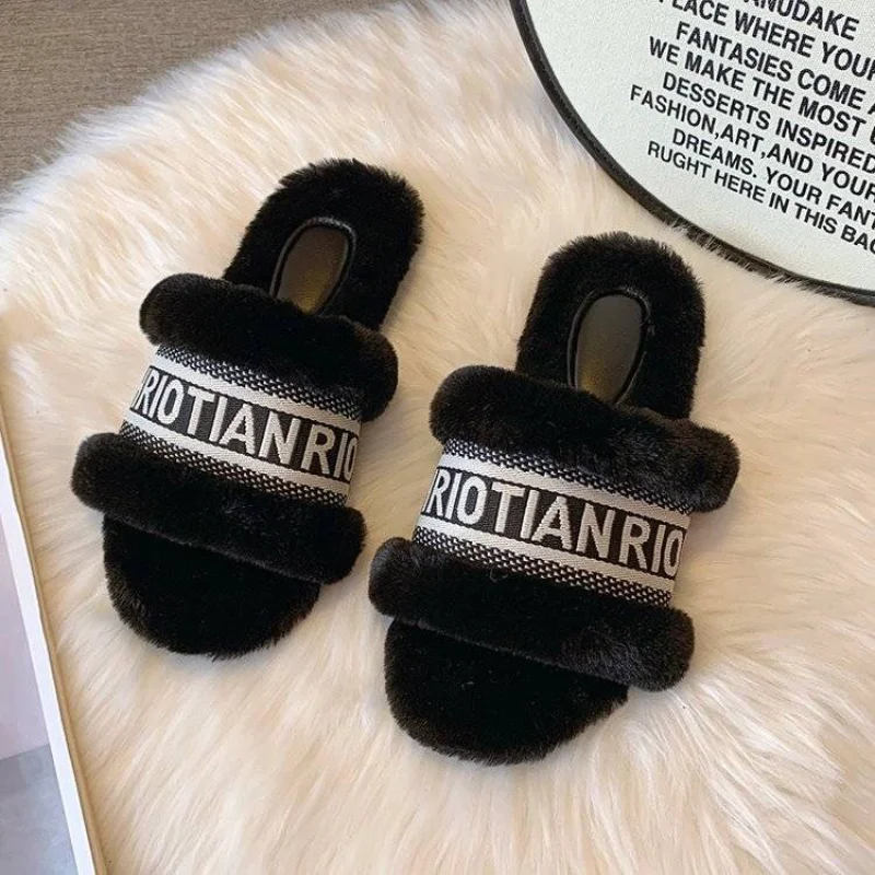 Удобные Плюшевые тапочки для женщин открытый носок плоская подошва пушистые