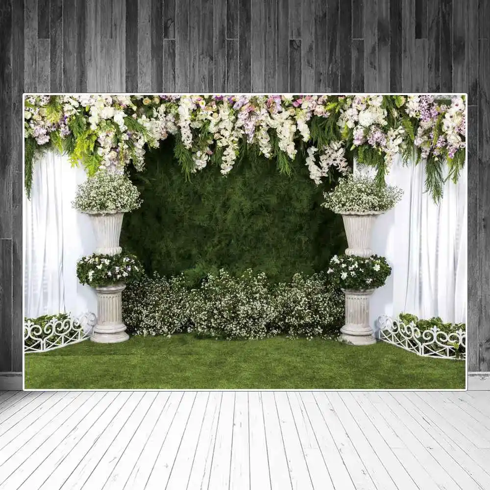 

Wedding Party Decoration Photography Backgrounds White Curtain Flowers Grasses Wall Ceremony Portrait Photographic Backdrops