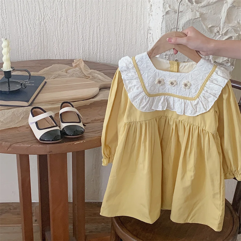 

Autumn Ins Korean 2023 Baby Girls Dress Long Sleeve Flower Embroidery Casual Loose Children Girls Dress Fashion Kid Girls Dress