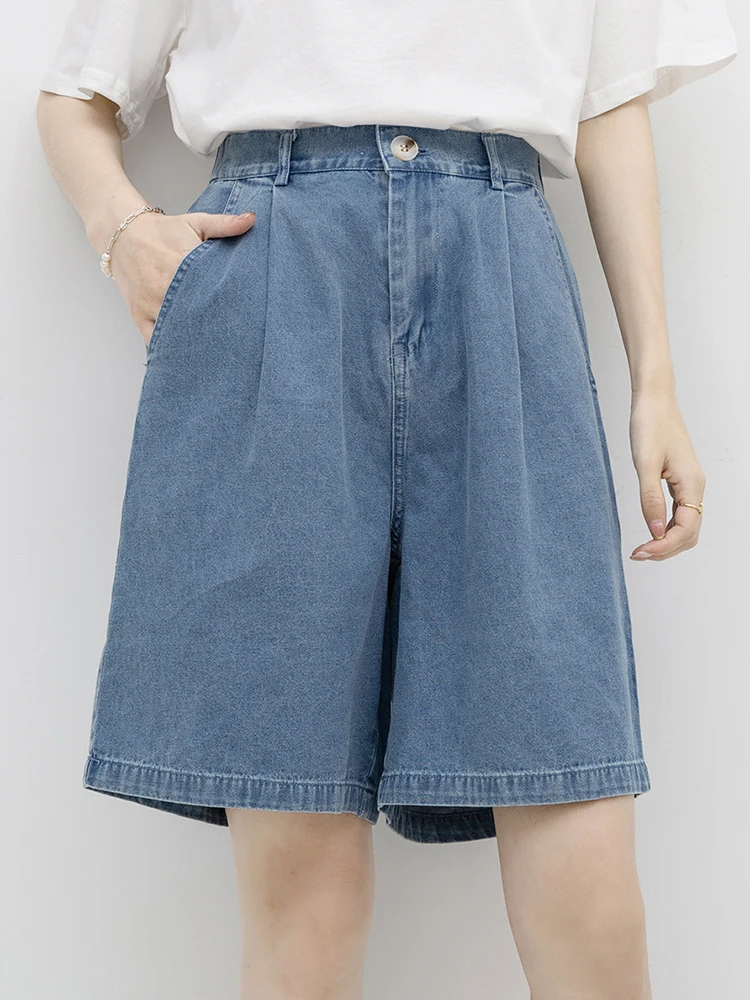 New Women Vintage High Waist Loose Blue Denim Shorts Spring Summer Female Button Straight Jeans Shorts Bottoms