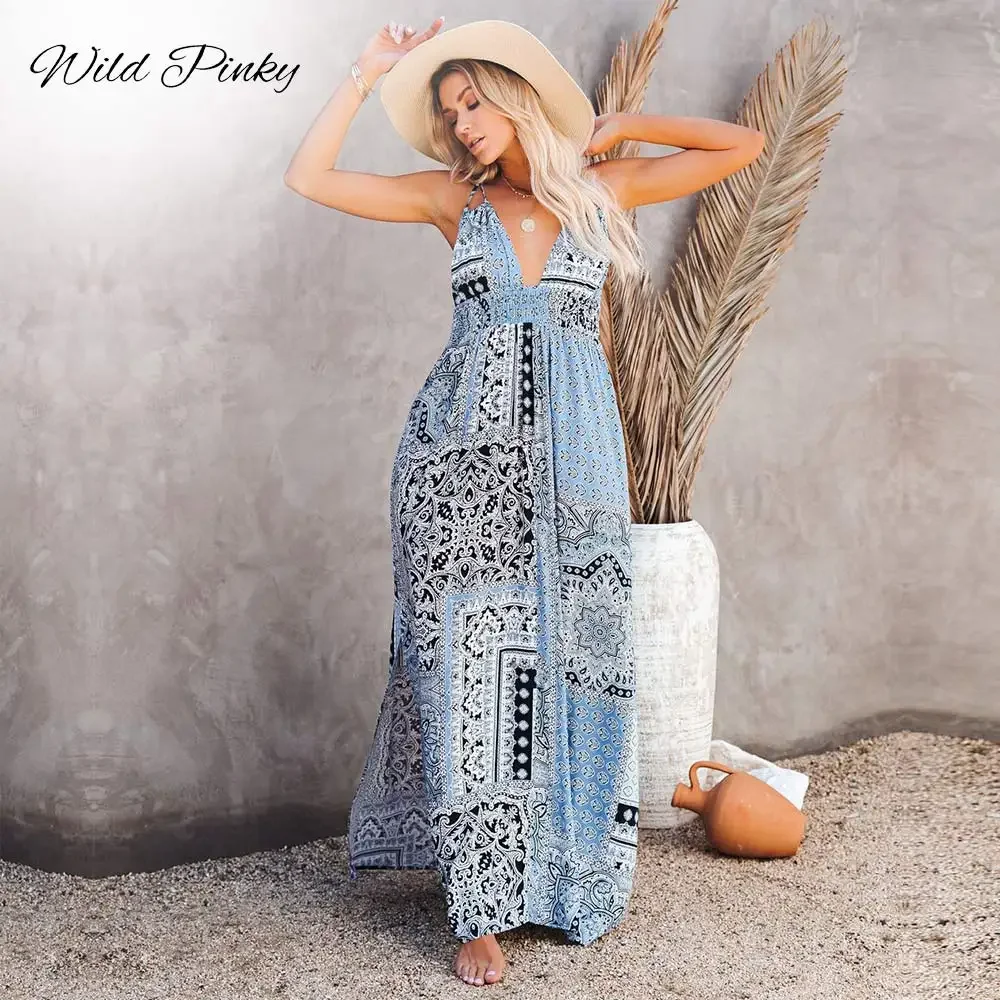 Фото WildPinky Boho платья с цветочным принтом для женщин, повседневное тропическое платье макси с v-образным вырезом и открытой спиной, сексуальный пляжный сарафан без рукавов, Vestidos №1