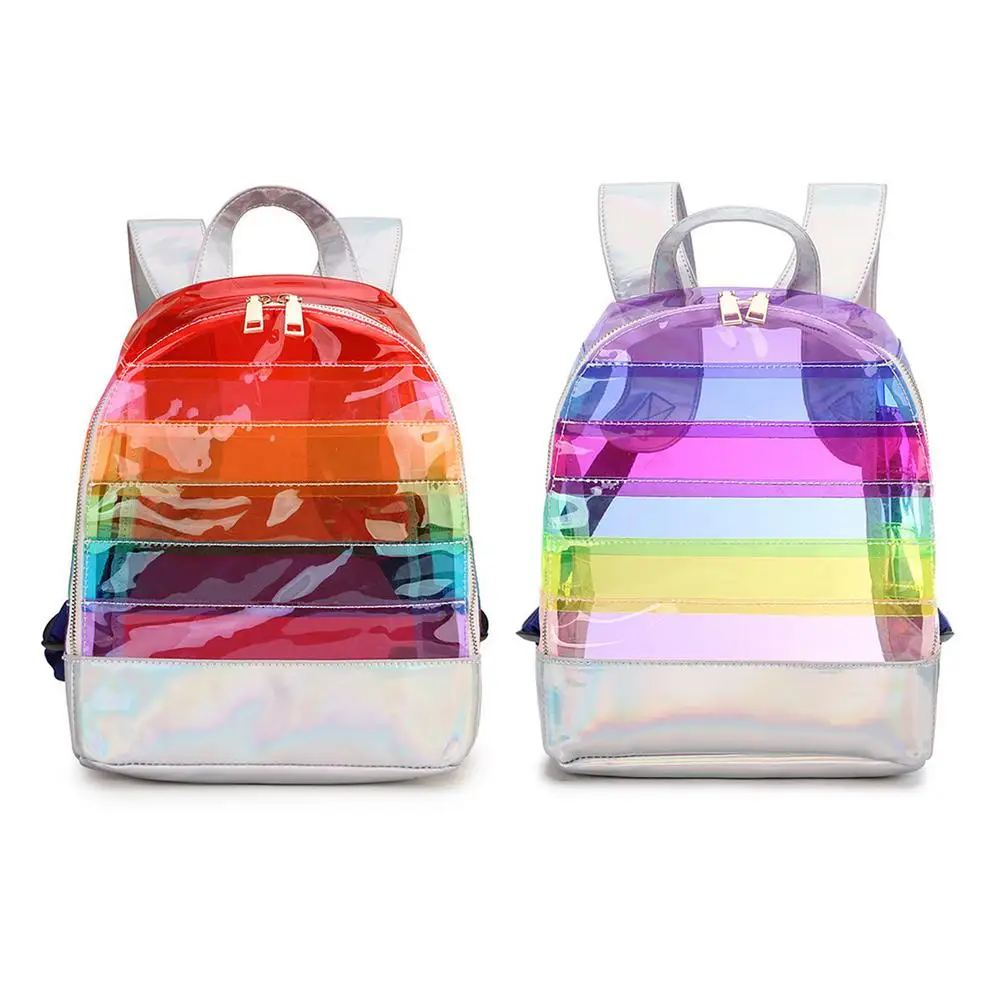 

Colorful Striped Laser Plastic Clear Backpack Laser PVC Clear Backpack Reinforced Shoulder Straps Backpack Kids School Bag