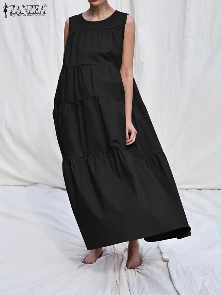 

Женский праздничный длинный сарафан без рукавов ZANZEA 2022, модное Стильное однотонное пляжное платье-трапеция, сарафаны, длинное платье с обор...