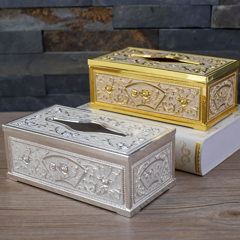 Caja de pañuelos de Metal tallado chapado en oro/plata, soporte clásico europeo para servilletas, soporte para papel de cena ZJH013
