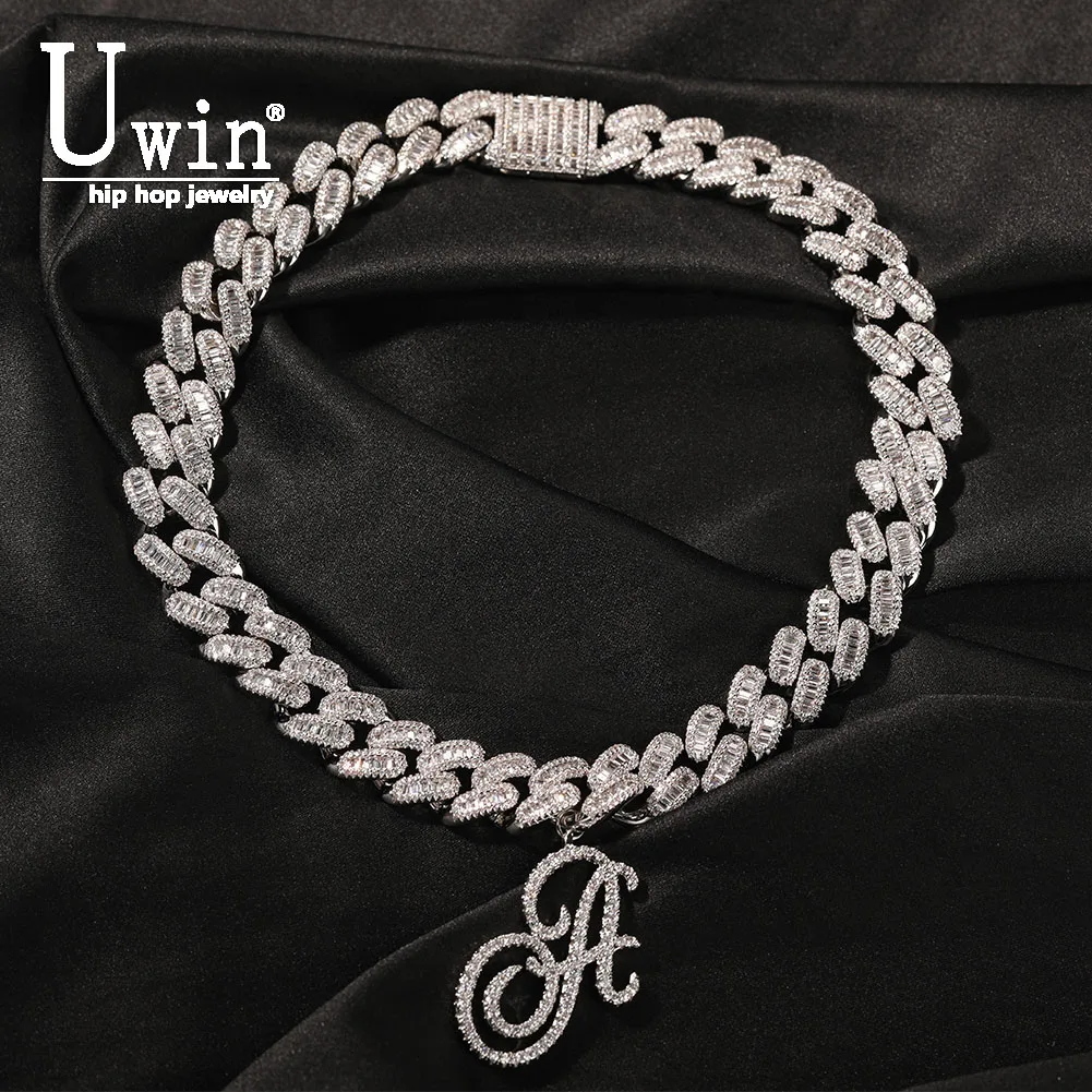 Uwin Custom Baugetter Cuban Chain 15MM DIY Cursive Letters Miami Link Necklace Gold Silver Plated Luxury Micro Paved CZ Chain
