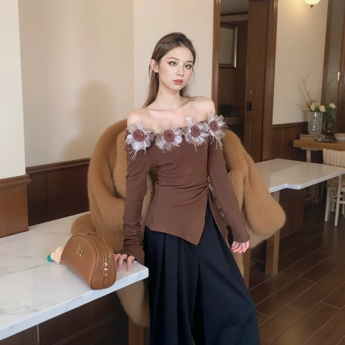 Корейские модные милые топы с разрезом осенне-зимние женские вечерние