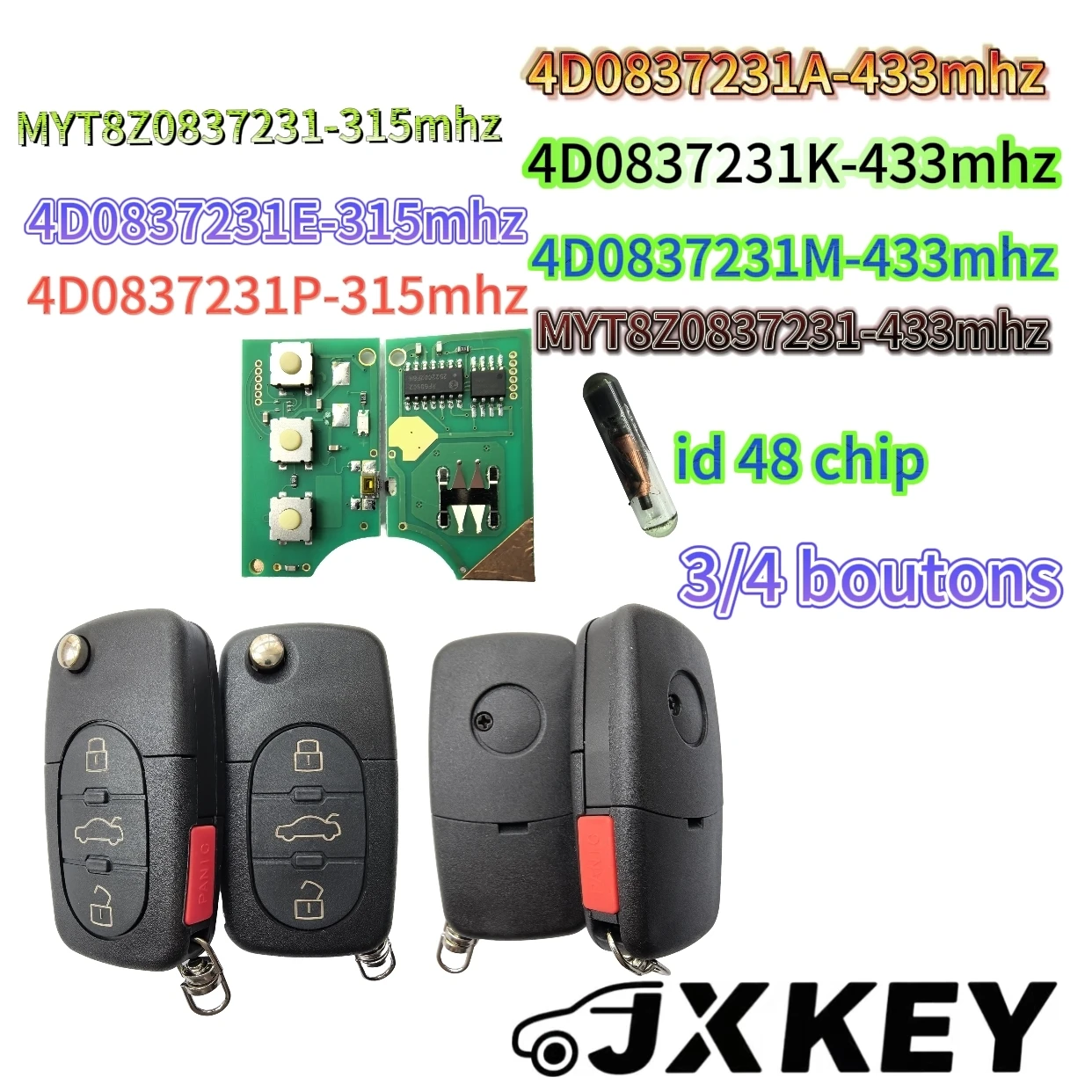 Фото JXKEY 4D0837231A/E/M/K/P/N MYT8Z0837231 315/433 МГц 48 чип для Audi A3 A4 A6 A8 TT RS4 Quattro 1994-2004 автомобильный дистанционный откидной ключ №1