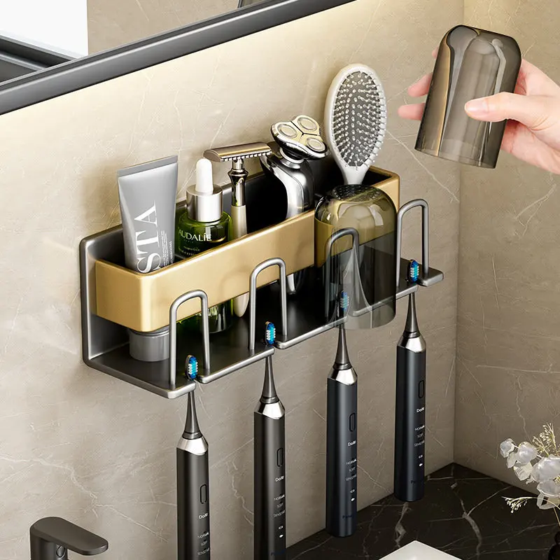 

Aluminium Alloy Toothbrush Holder Wall Mounted Toothpaste Rack Bathroom Household No Punching Space Saving Bathroom Accessories