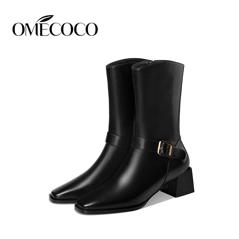 

Middle Heel Leather Middle Boots for Women 2022 Winter New Style Square Head Belt Buckle Thick Heel Short Boots Plush
