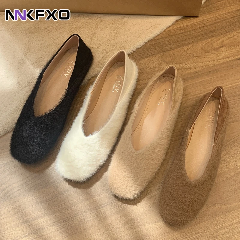 

Designer fur flats woman square toe solid fleeces loafers ballerina sneakers winter cotton shoes women furry moccasins vc4418