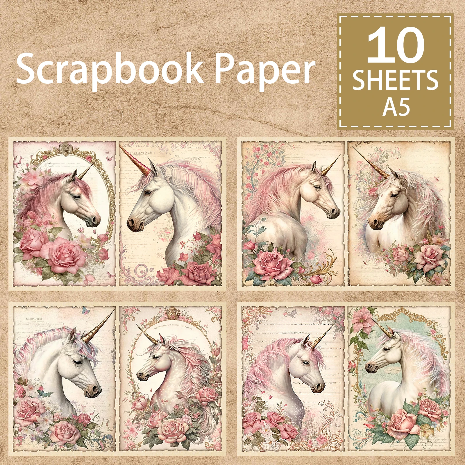 Винтажный фон для скрапбукинга с животными единорогами цветами 10 листов Размер A5