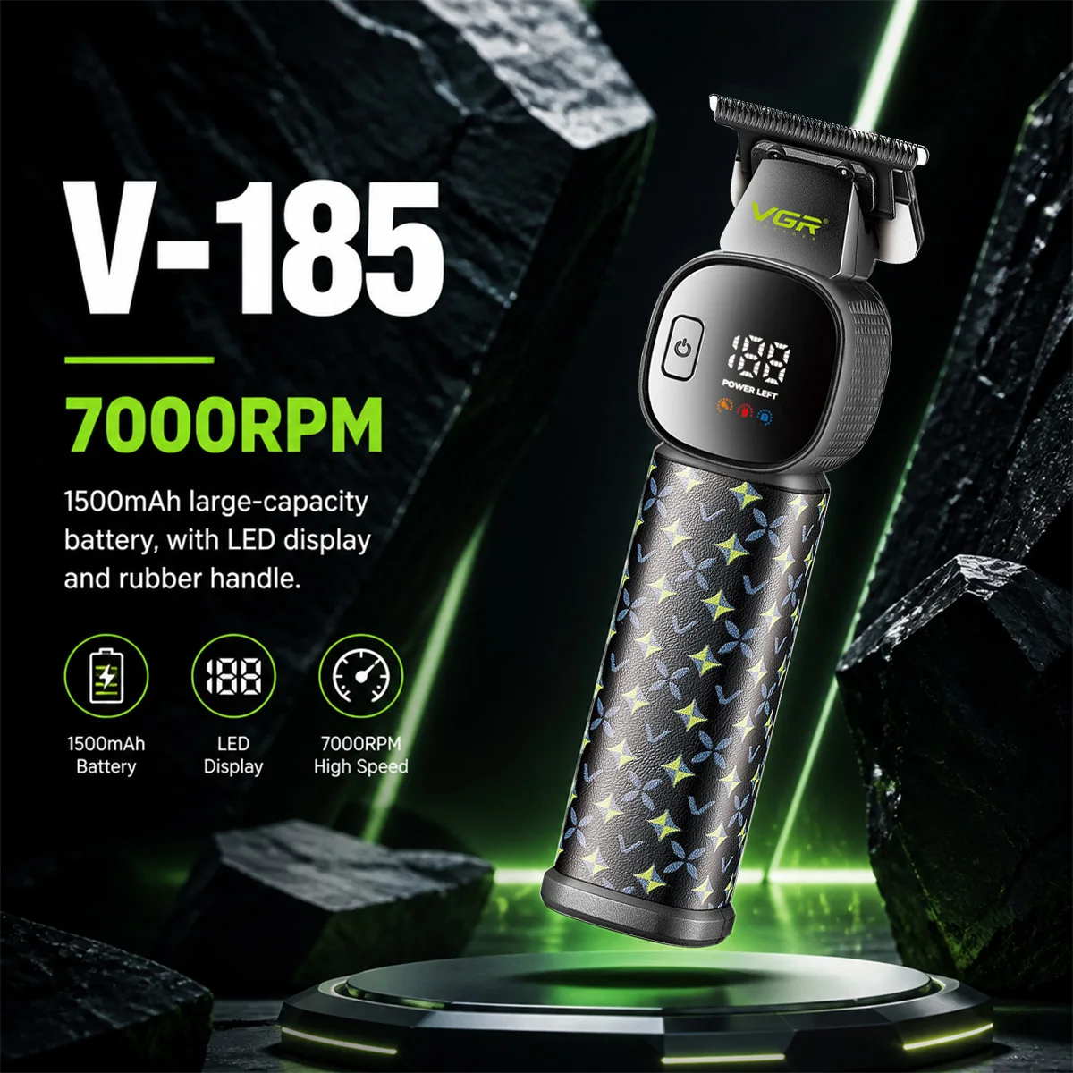Фото VGR V-185 Триммер для волос с Т-образным лезвием, 7000 об/мин, двигатель постоянного тока, LED-дисплей, профессиональная машинка для стрижки волос для мужчин, машинка для финишной обработки волос. №1