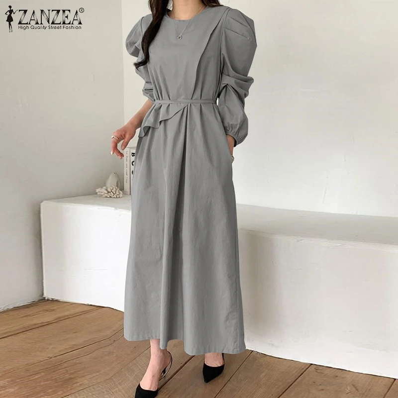 

Spring Long Sleeved O-Neck Dress ZANZEA Women Fashion Holiday Party Preppy Casual Vestidos Buttons Elegant Vintage Solid Dresses