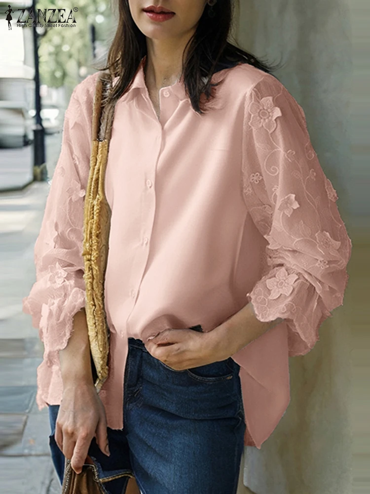 ZANZEA модные жаккардовые туники с вышивкой винтажные однотонные рубашки женские