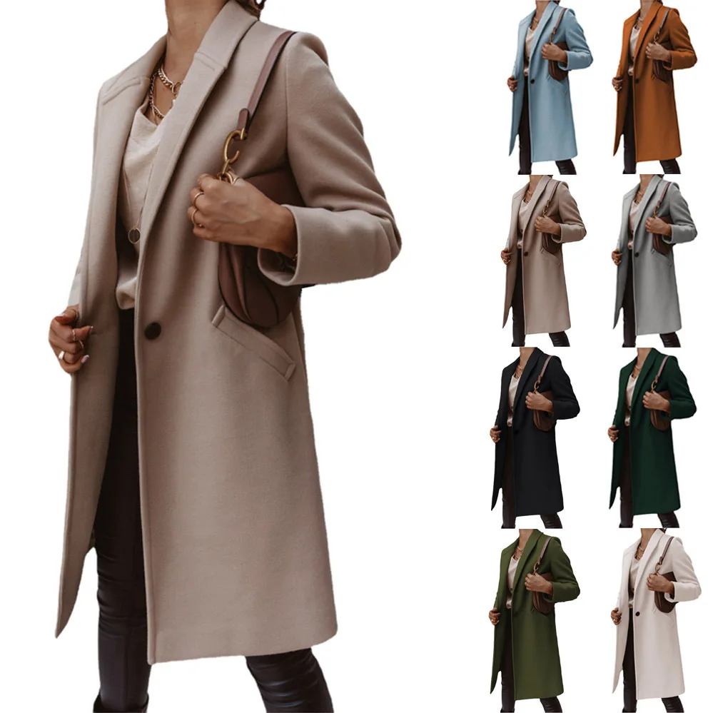 

2022 New Autumn Winter Solid Color Lapel Mid-length Button Woolen Coat Women's Coat Korean Winter Coat