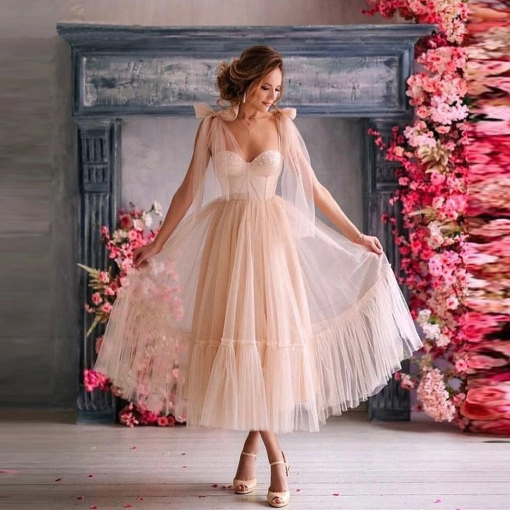 

BridalAffair, красивое Тюлевое платье А-силуэта для выпускного вечера, платья с регулируемыми лямками и бантом для сердечек длиной до середины икры, вечерние платья