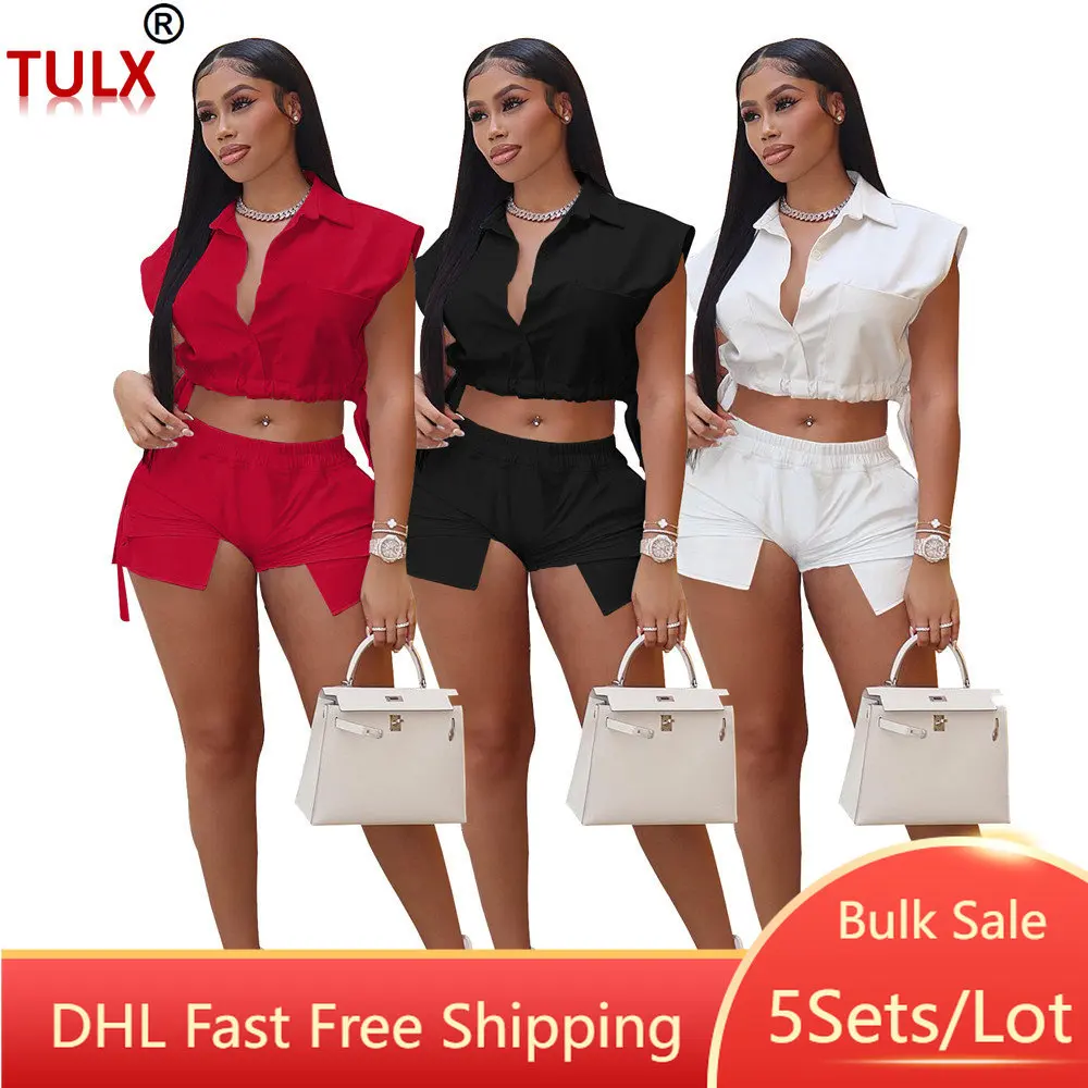 

5sets Bulk Wholesale Fashion Office Shorts Two Piece Set Sleeveless Zip-up Crop Top + Pocket Short Pants Streetwear Outfits 9421