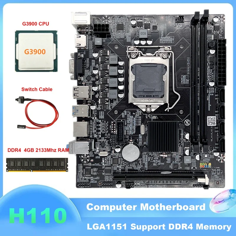 H110 Computer Motherboard LGA1151 Supports Celeron G3900 G3930 CPU With G3900 CPU+DDR4 4GB 2133Mhz RAM+Switch Cable