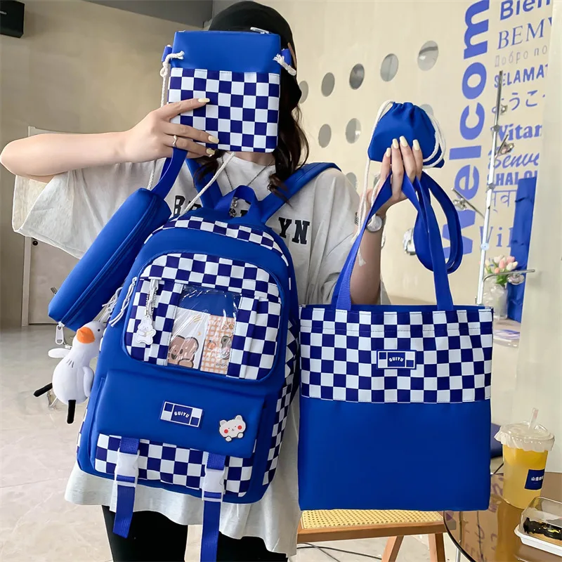 

5 Set Women Backpack Harajuku Plaid School Bags For Teenage Girls Boy Kawaii College Student Kids Book Bagpack Rucksack 2022 New