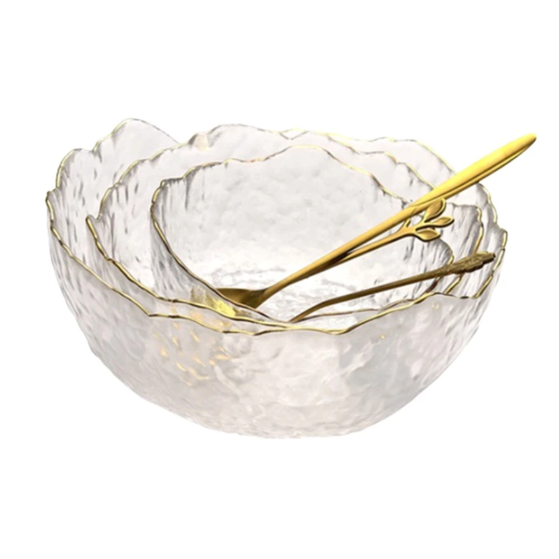 

Transparent Glass Salad Fruit Bowl Salad Dessert Mixing Bowl With Gold Inlay Edge