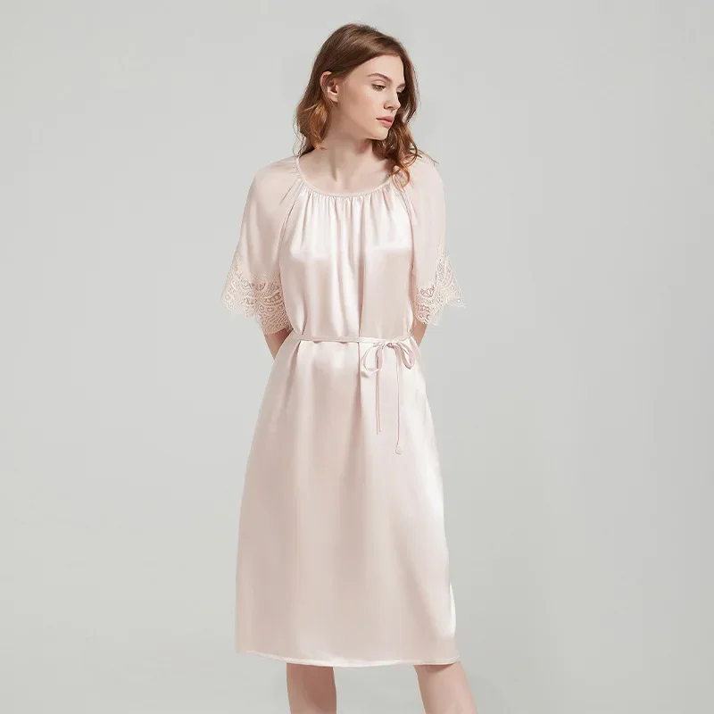 Пижамы из 100% натурального шелка шелковицы шелковая ночная рубашка с кружевными