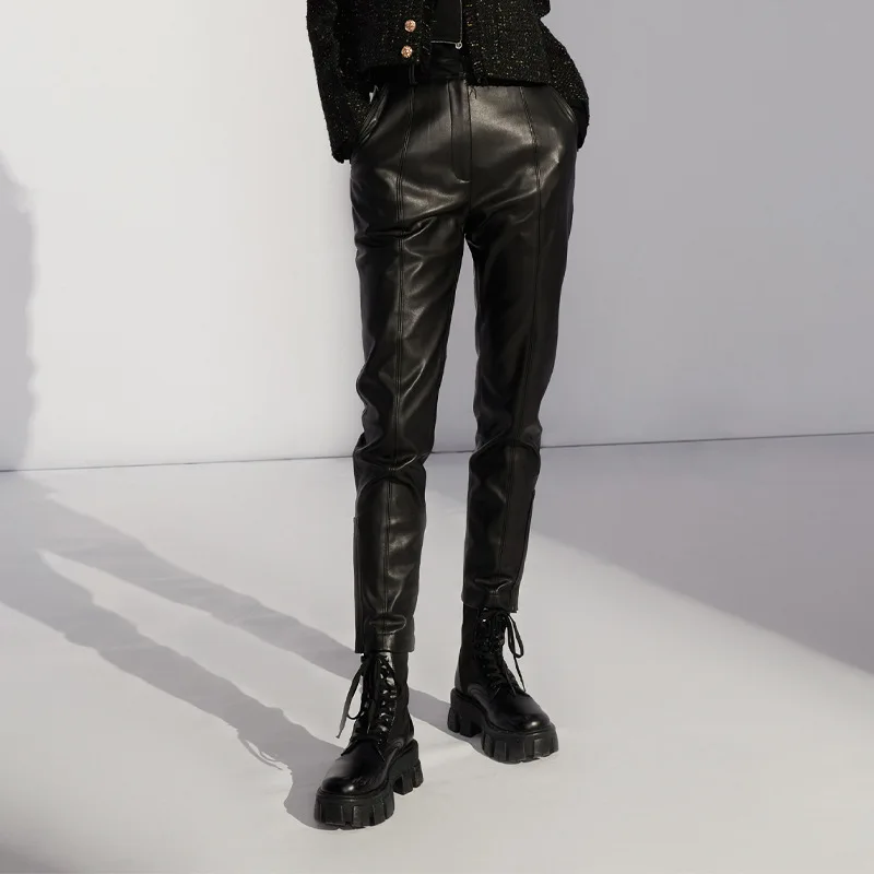 Korean Y2k Black Thin Plush Bottom PU Leather Pants For Women Motocycle Style Zipper Split Faux Leather Pencil Trousers