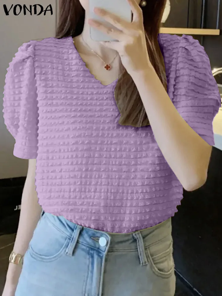 

VONDA 2022 Летняя женская Повседневная Уличная офисная блузка, женская модная рубашка с коротким рукавом, однотонная вечерняя Блузка с V-образны...