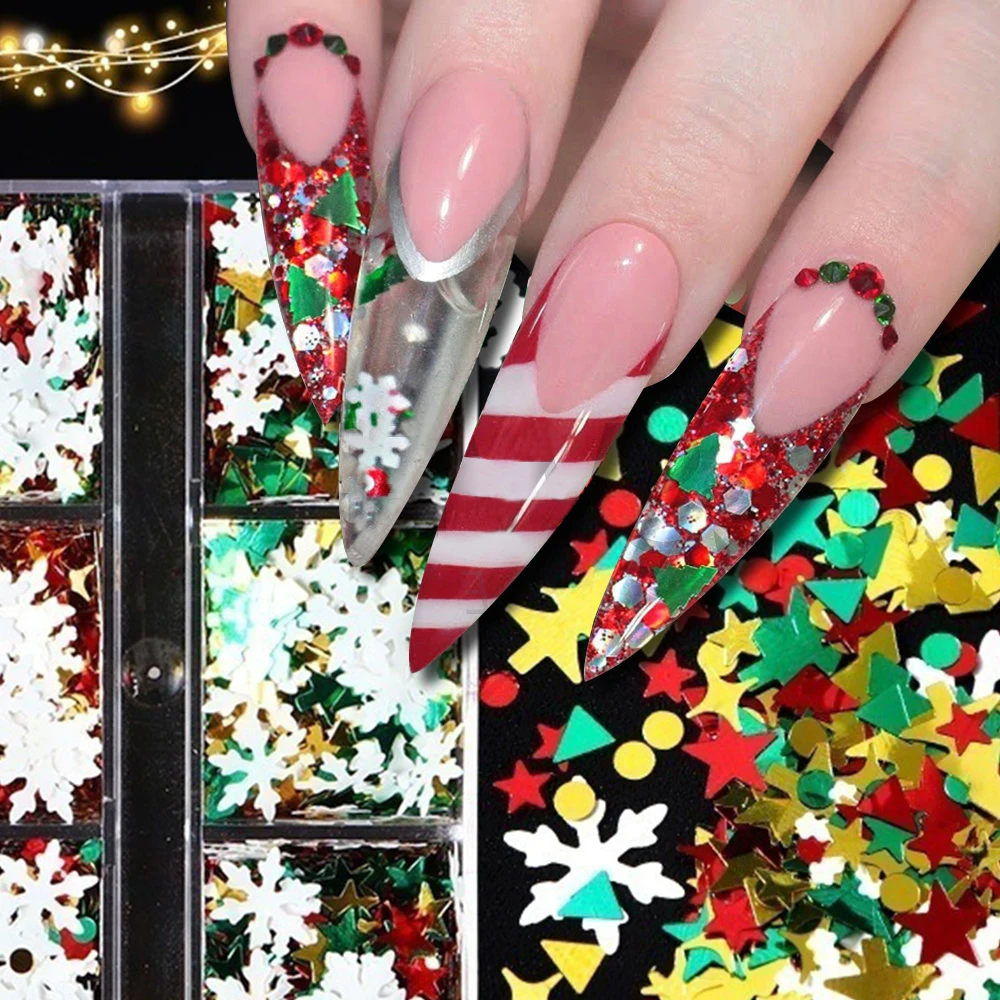 

Рождественские Блестки для ногтей, украшения, смешанные снежинки, звезда, Санта-Клаус, елка, снежинки для зимы, подвески для ногтей, декоративные части