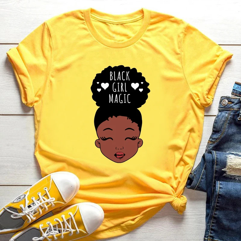 

2022 Cool Melanin Tshirt Women Large Size Short Sleeve Top Yellow Femme T-Shirt Black Girl Magic Print Loose Female Clothes