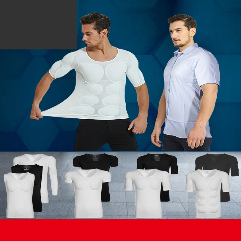 Man Fake Muscle Body Shaper Chest Sponge T-Shirt Cosplay Invisible Abdominal Arm Pad Top Underwear Fitness Suit for Model Party