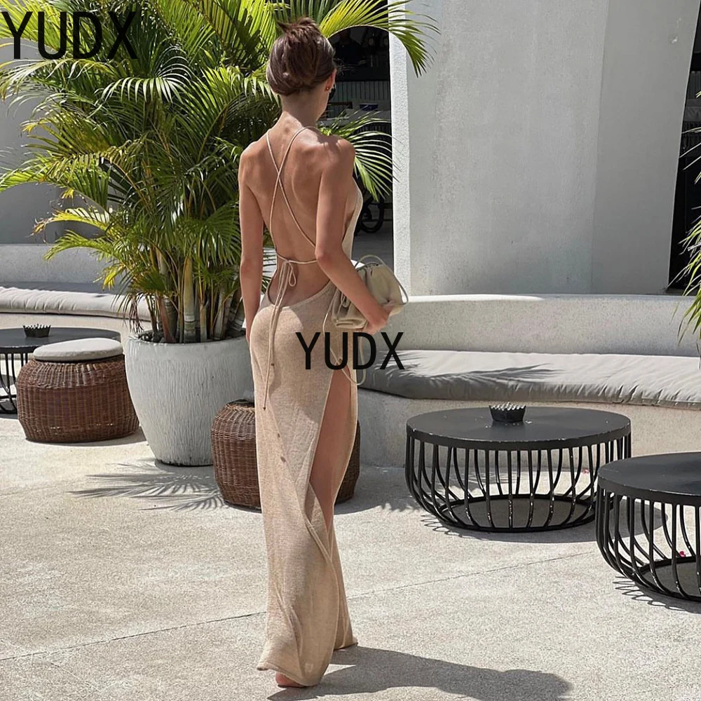 

2023 Kintted Cover Up Beach Sexy See Through Maxi Slit Bodycon Summer Dress Bikinis Cover-ups Elegant Halter Beachdress