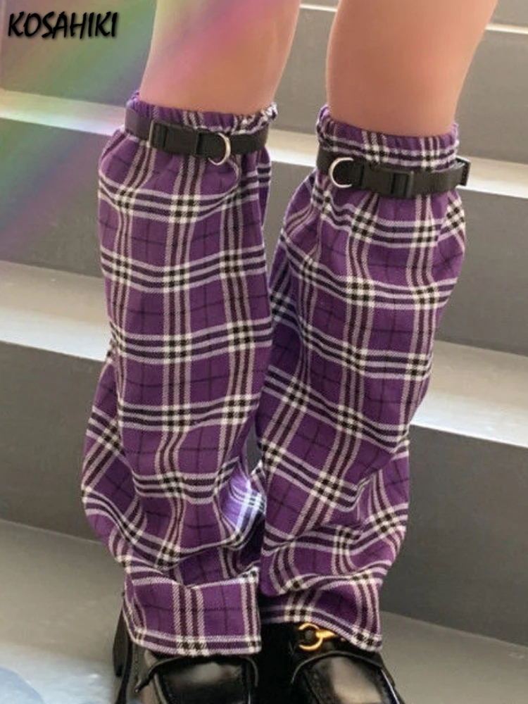 

Punk Gothic Purple Leg Warmer Y2k Girl Plaid Leg Warmers Goth Foot Cover Buckle Bandelettes Japanese Grunge Harajuku Long Sock