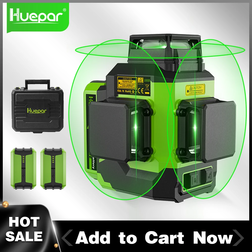 

Huepar 12 Lines 3D Laser level Green Self-Leveling 3x360 Horizontal & Vertical Osram Cross Line With Hard Case 2 Li-ion Battery