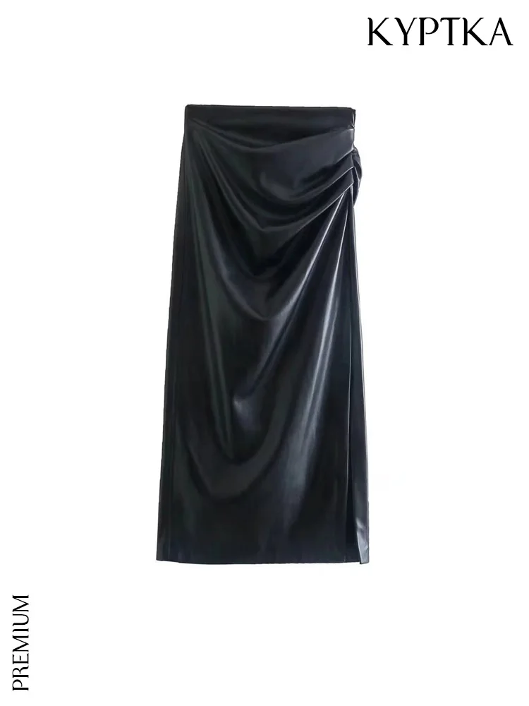 

KYPTKA Women Fashion With Ruched Front Slit Faux Leather Midi Skirt Vintage High Waist Back Zipper Female Skirts Mujer