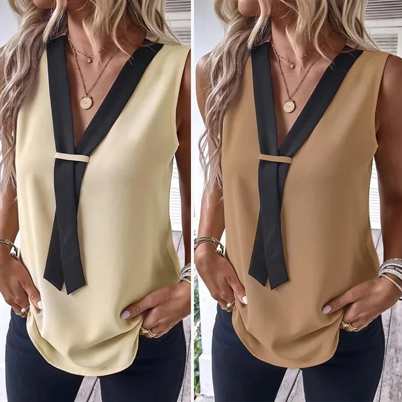

Office Elegant Tie Sleeveless Shirt Women's Casual Solid Loose Tank Top Women's 2023 Black Top Women's Casual Shirt