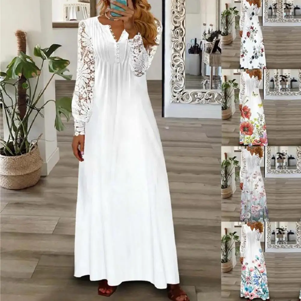 

V Neck Elegant Women Maxi Dress Crochet Lace Stitching Long Sleeve Pleated Vintage Floral Pattern A-Line Beach Dress vestidos