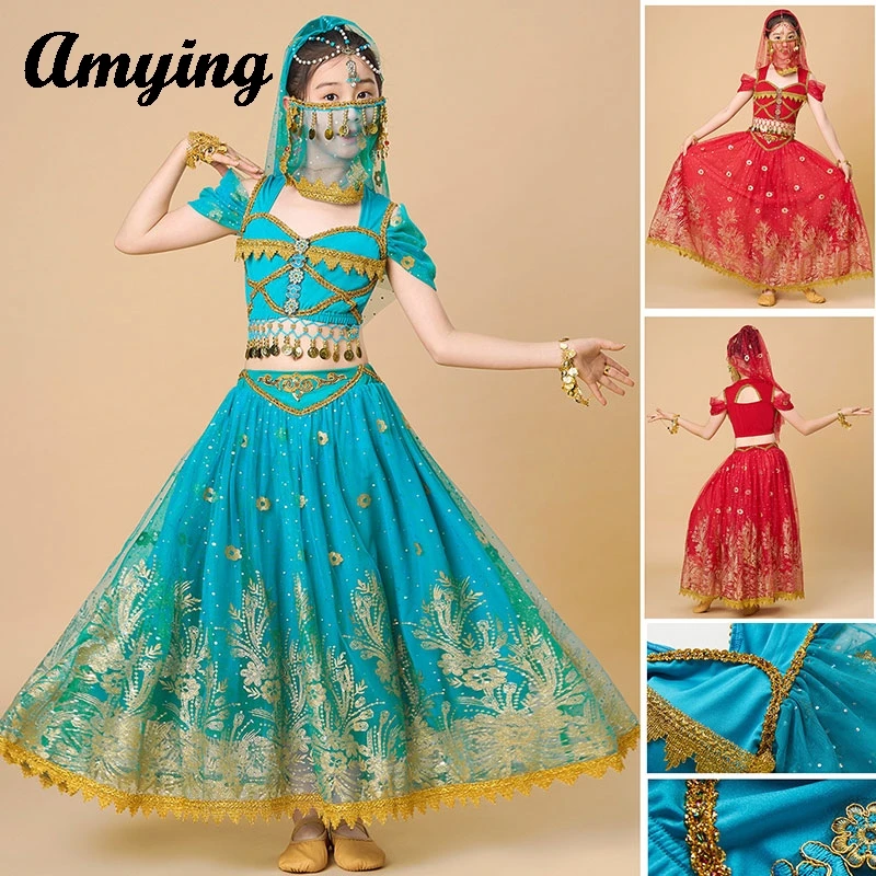 Наряд для танца живота топ с короткими рукавами + платье костюм девочек одежда