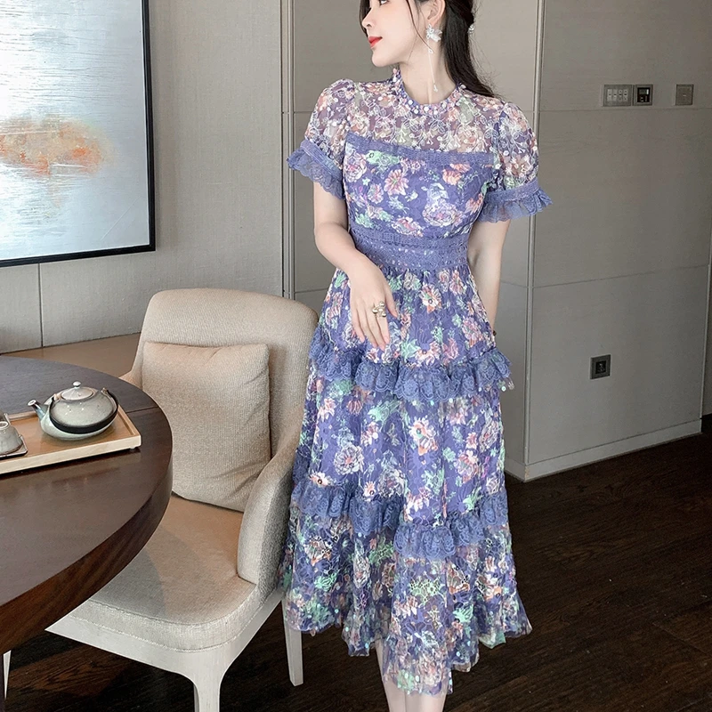 

2022 Summer Lace Beading Embroidery Flower Dress Women Elegant Clothing High Waist Patchwork Crochet Ruffles Vestidos