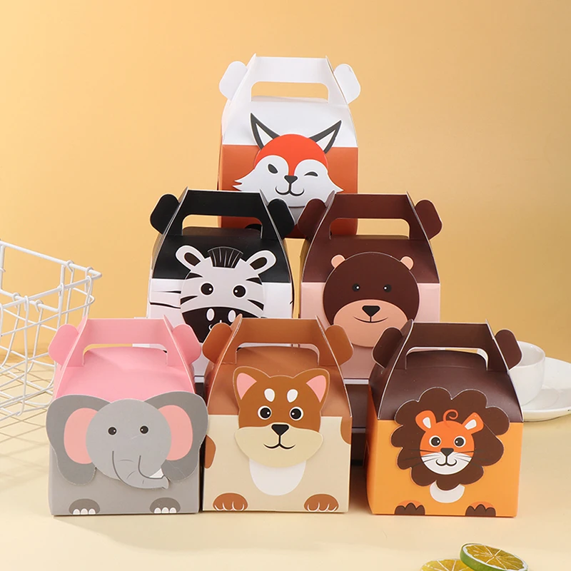 

6Pcs Cartoon Animals Bear Fox Tiger Candy Bag Jungle Party Favors Treat Kids Birthday Cracker Food Box With Handle Gift Boxes