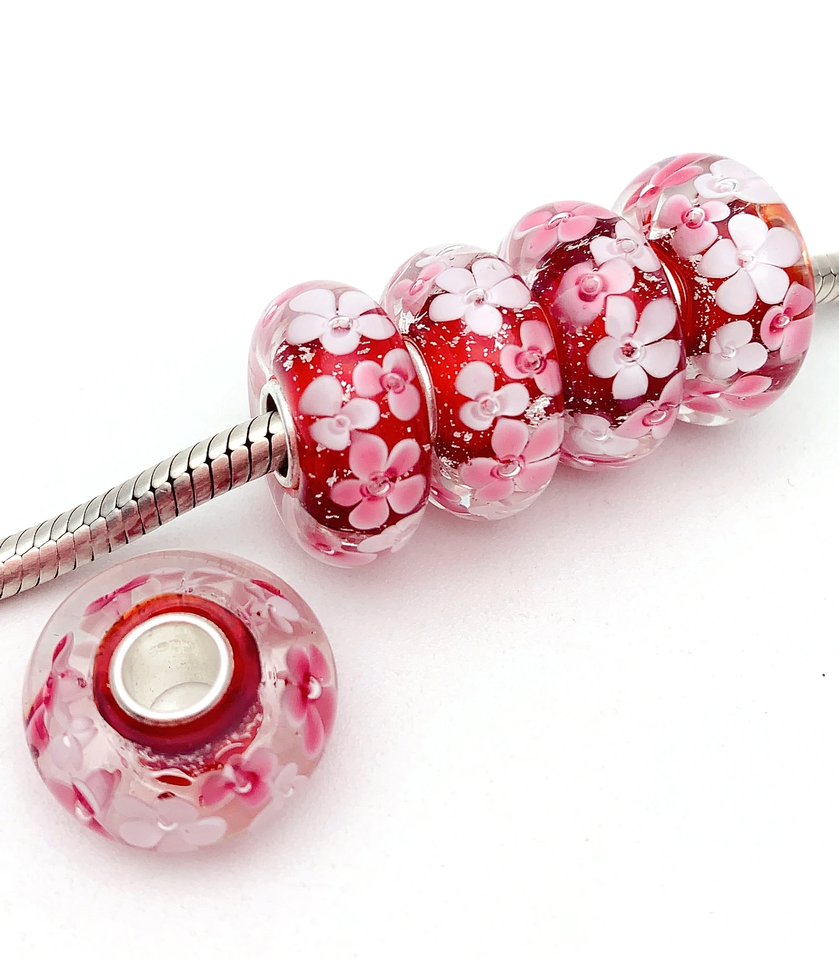 

JGWG39 5X 100% S925 Sterling Silver Beads Murano GlassBeads Fit European Charms Bracelet DIY Jewelry LampWork Handmade