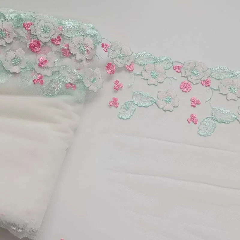 

Сетчатая вышивка с цветами, кружевная тюль, зеленая вышитая кружевная отделка, кружевная ткань из полиэстера для женщин, 31 ярд